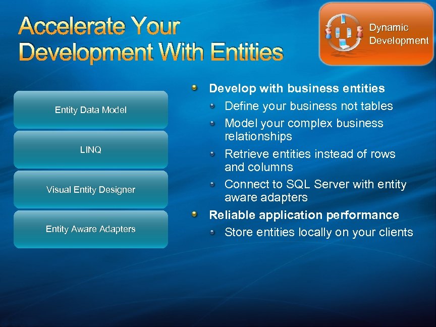 Accelerate Your Development With Entities Entity Data Model LINQ Visual Entity Designer Entity Aware