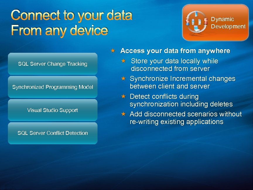 Connect to your data From any device SQL Server Change Tracking Synchronized Programming Model