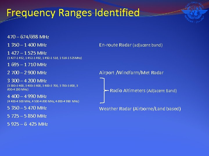 Frequency Ranges Identified 470 – 674/698 MHz 1 350 – 1 400 MHz En-route