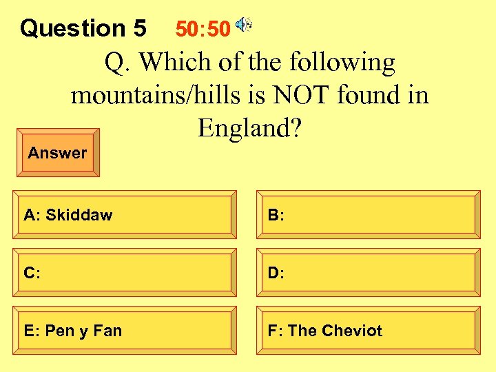 Question 5 50: 50 Q. Which of the following mountains/hills is NOT found in
