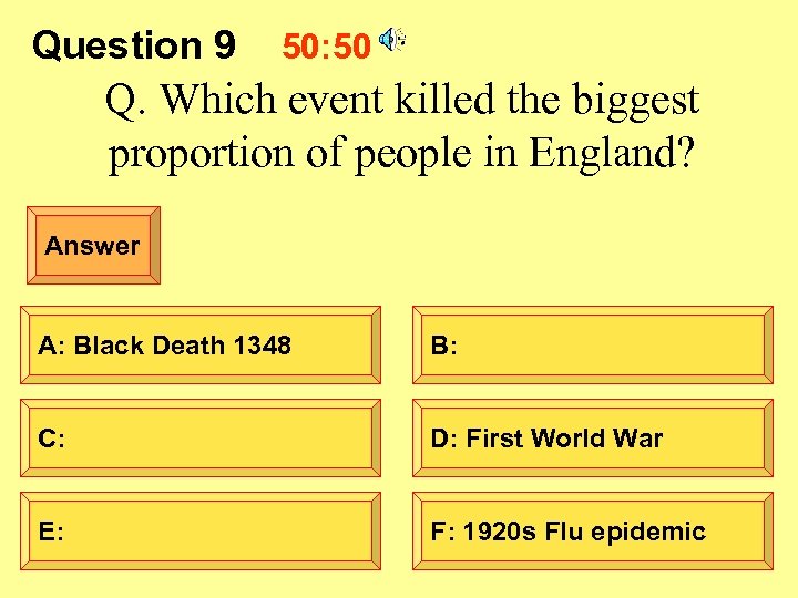 Question 9 50: 50 Q. Which event killed the biggest proportion of people in