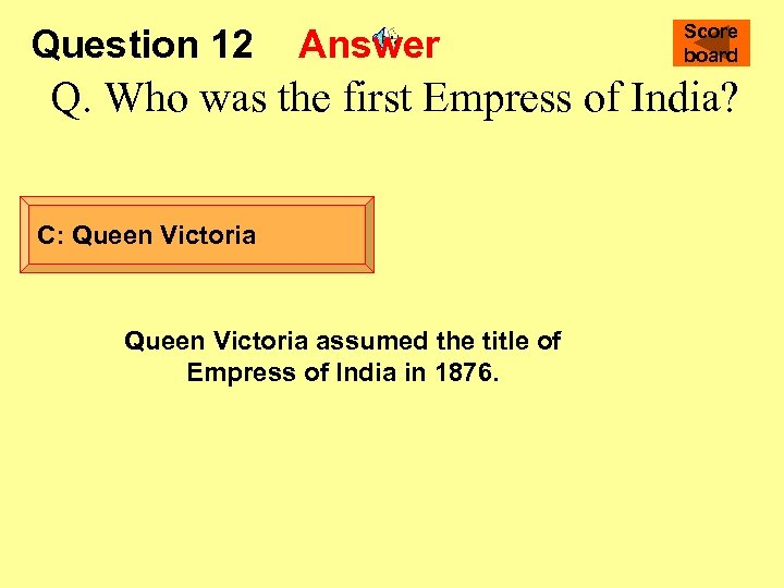 Question 12 Answer Score board Q. Who was the first Empress of India? C: