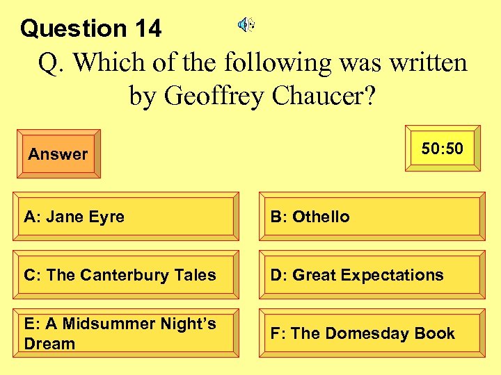 Question 14 Q. Which of the following was written by Geoffrey Chaucer? 50: 50