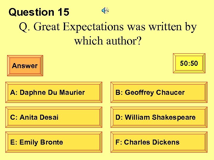 Question 15 Q. Great Expectations was written by which author? 50: 50 Answer A: