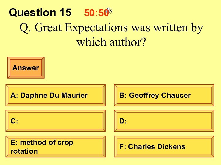 Question 15 50: 50 Q. Great Expectations was written by which author? Answer A: