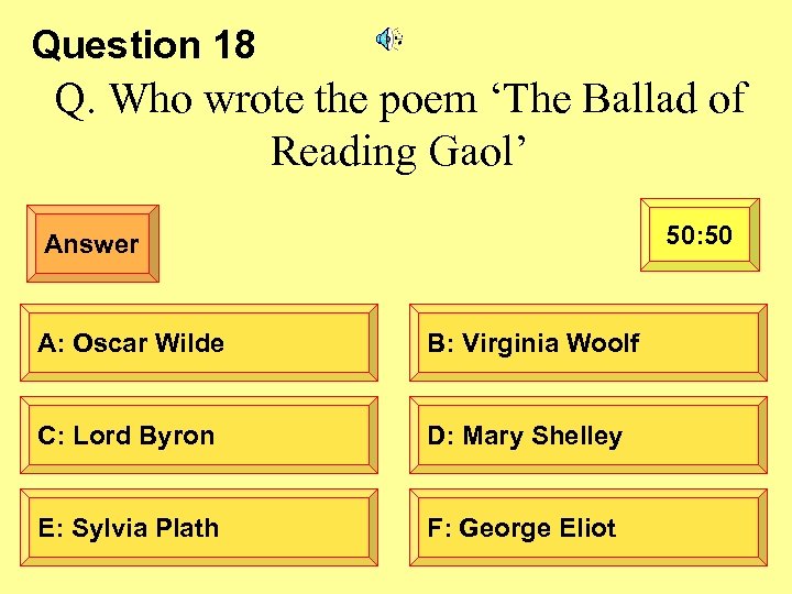 Question 18 Q. Who wrote the poem ‘The Ballad of Reading Gaol’ 50: 50