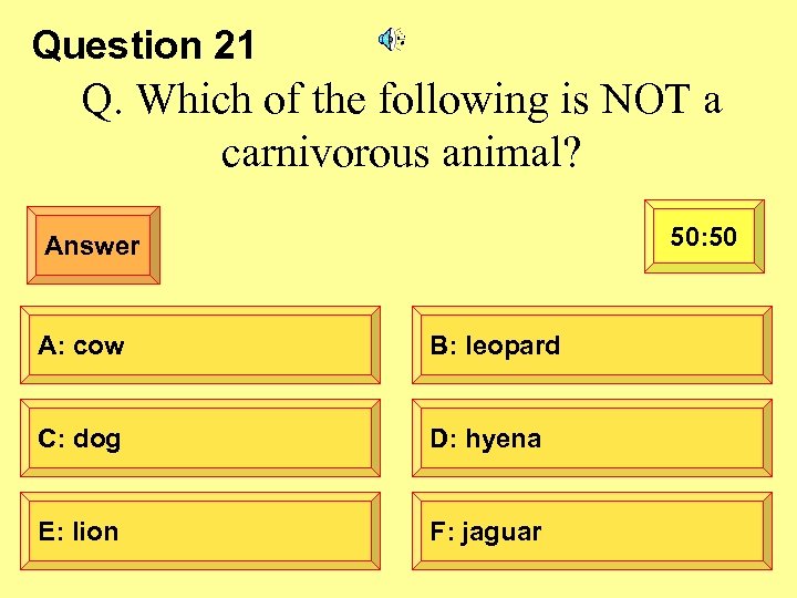 Question 21 Q. Which of the following is NOT a carnivorous animal? 50: 50