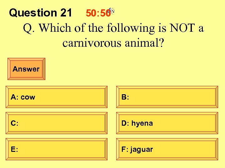 Question 21 50: 50 Q. Which of the following is NOT a carnivorous animal?