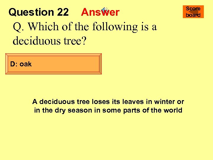 Question 22 Answer Q. Which of the following is a deciduous tree? D: oak