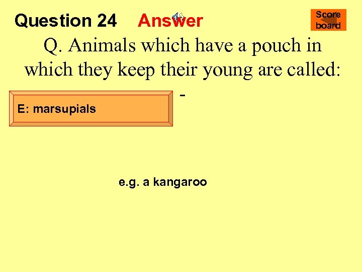 Question 24 Answer Score board Q. Animals which have a pouch in which they