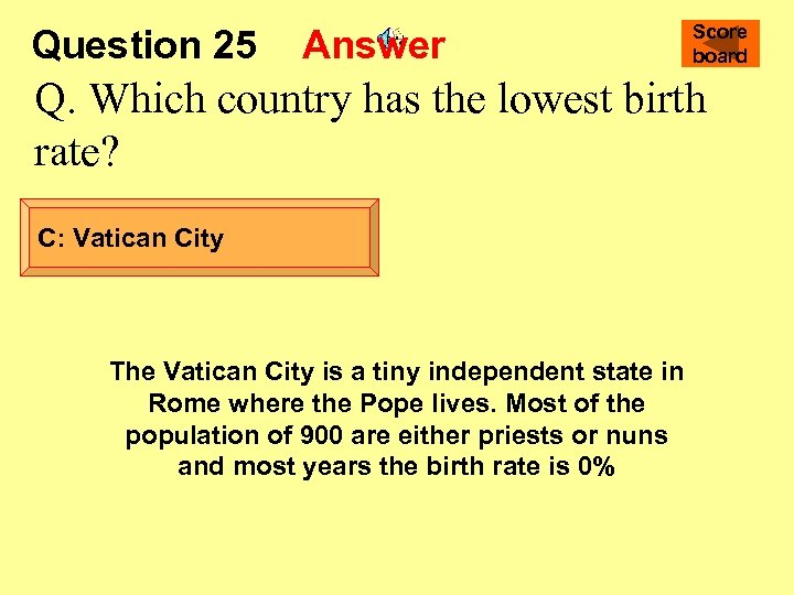 Question 25 Answer Score board Q. Which country has the lowest birth rate? C:
