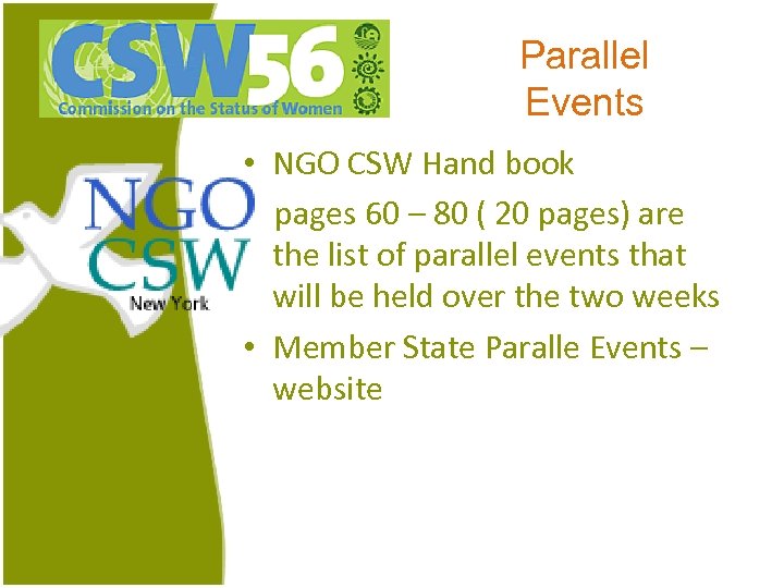 Parallel Events • NGO CSW Hand book pages 60 – 80 ( 20 pages)