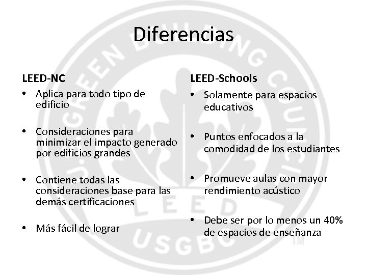 Diferencias LEED-NC LEED-Schools • Aplica para todo tipo de edificio • Solamente para espacios