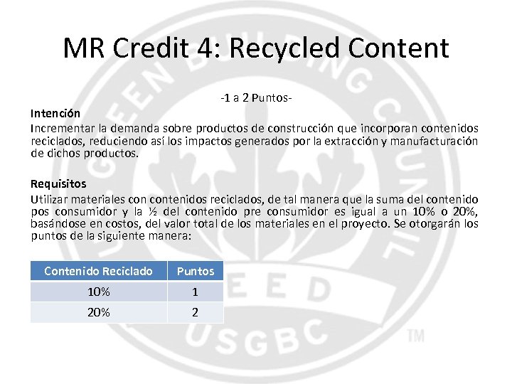 MR Credit 4: Recycled Content -1 a 2 Puntos- Intención Incrementar la demanda sobre