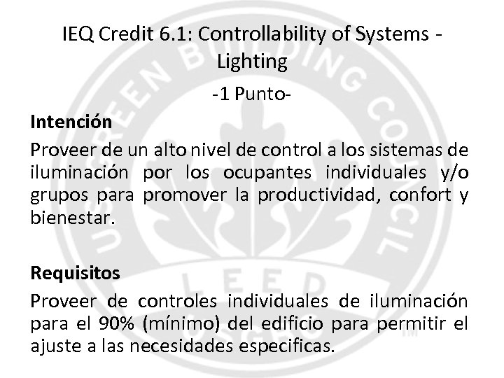 IEQ Credit 6. 1: Controllability of Systems Lighting -1 Punto. Intención Proveer de un