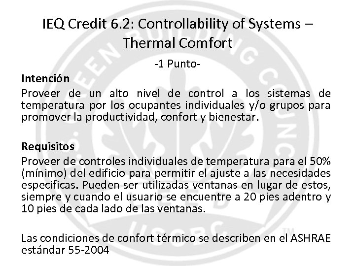 IEQ Credit 6. 2: Controllability of Systems – Thermal Comfort -1 Punto- Intención Proveer