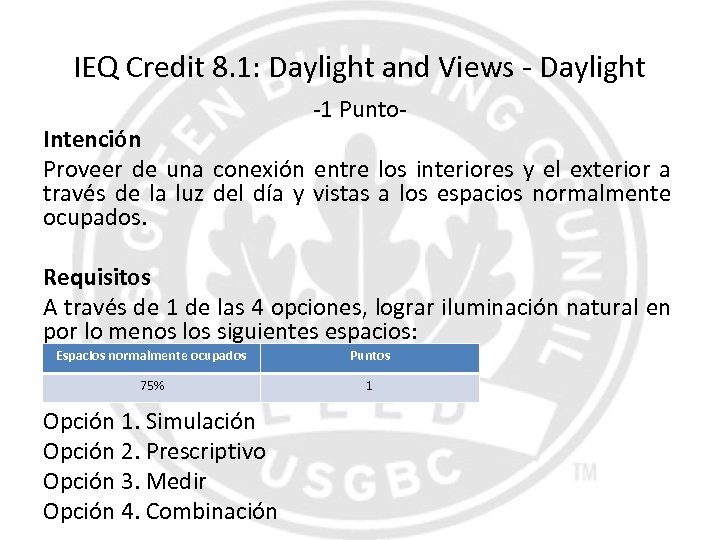 IEQ Credit 8. 1: Daylight and Views - Daylight -1 Punto- Intención Proveer de