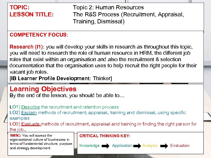 TOPIC: LESSON TITLE: Topic 2: Human Resources The R&S Process (Recruitment, Appraisal, Training, Dismissal)