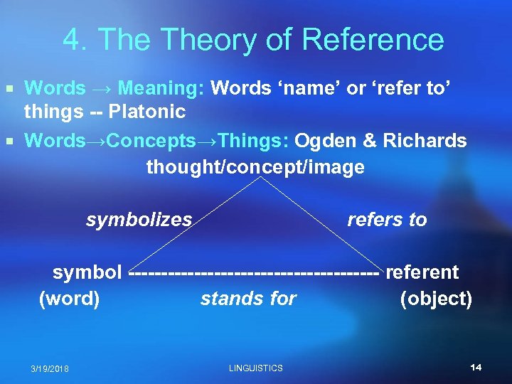 4. Theory of Reference ¡ Words → Meaning: Words ‘name’ or ‘refer to’ things