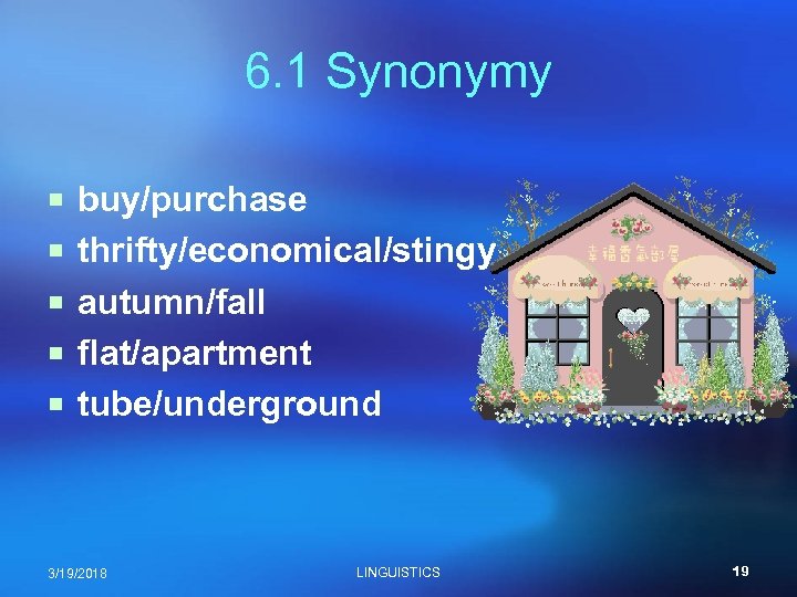 6. 1 Synonymy ¡ buy/purchase ¡ thrifty/economical/stingy ¡ autumn/fall ¡ flat/apartment ¡ tube/underground 3/19/2018