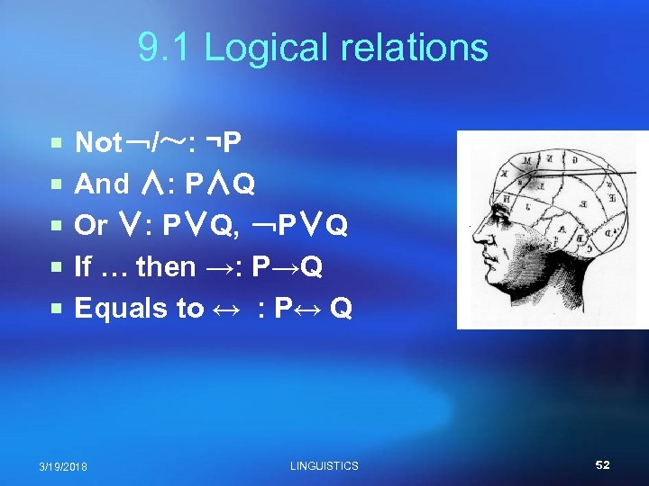 9. 1 Logical relations ¡ Not﹁/～: ¬P ¡ And ∧: P∧Q ¡ Or ∨: