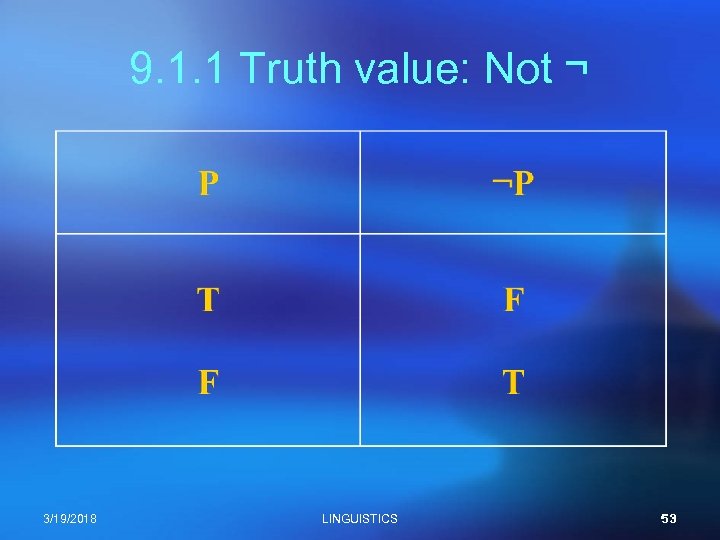 9. 1. 1 Truth value: Not ¬ 3/19/2018 LINGUISTICS 53 