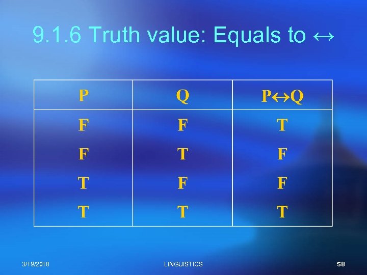 9. 1. 6 Truth value: Equals to ↔ 3/19/2018 LINGUISTICS 58 