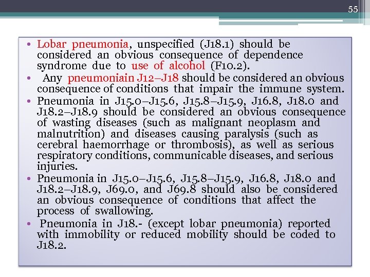 55 • Lobar pneumonia, unspecified (J 18. 1) should be considered an obvious consequence