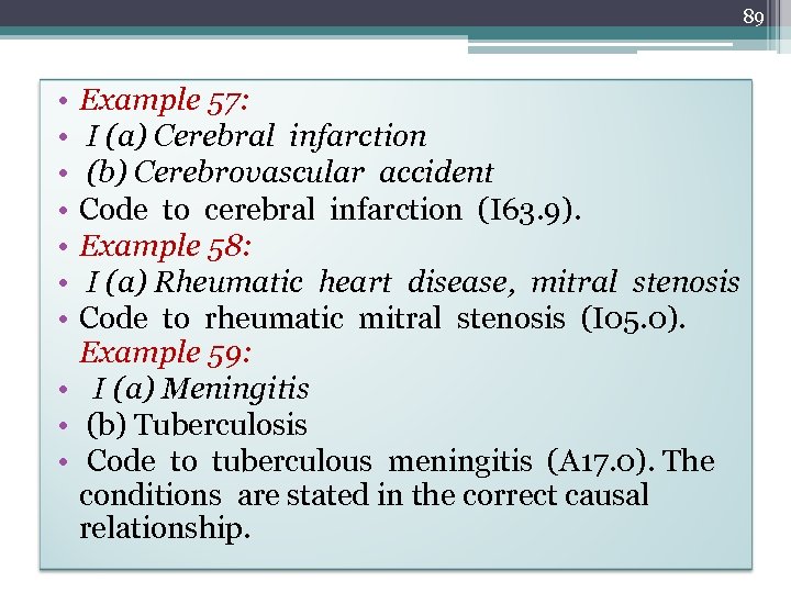 89 • • Example 57: I (a) Cerebral infarction (b) Cerebrovascular accident Code to