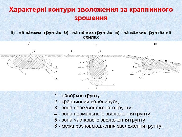 Характерні контури зволоження за краплинного зрошення а) - на важких грунтах; б) - на