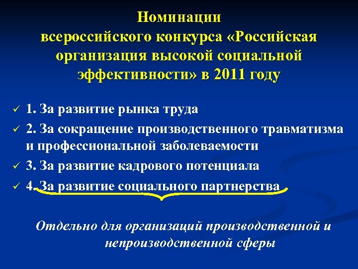 Номинации всероссийского конкурса «Российская организация высокой социальной эффективности» в 2011 году ü ü 1.