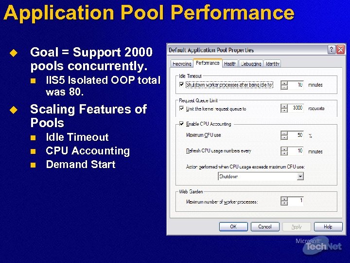 Application Pool Performance u Goal = Support 2000 pools concurrently. n u IIS 5
