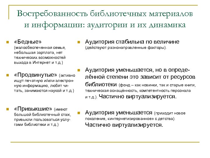 Востребованность библиотечных материалов и информации: аудитории и их динамика n «Бедные» n (малообеспеченная семья,