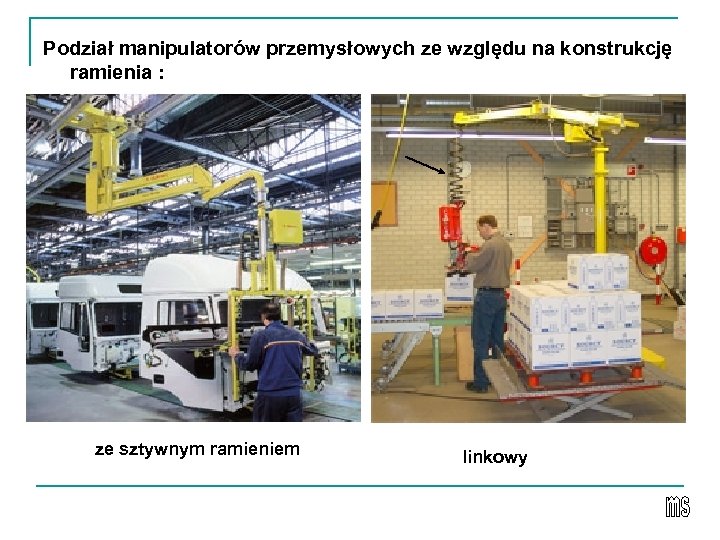 Podział manipulatorów przemysłowych ze względu na konstrukcję ramienia : ze sztywnym ramieniem linkowy 