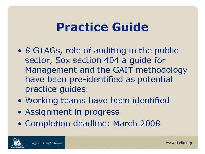 Practice Guide • 8 GTAGs, role of auditing in the public sector, Sox section