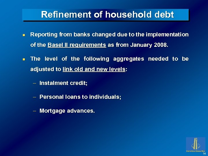 Refinement of household debt n Reporting from banks changed due to the implementation of