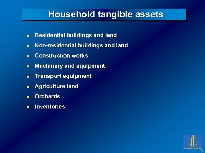Household tangible assets n Residential buildings and land n Non-residential buildings and land n