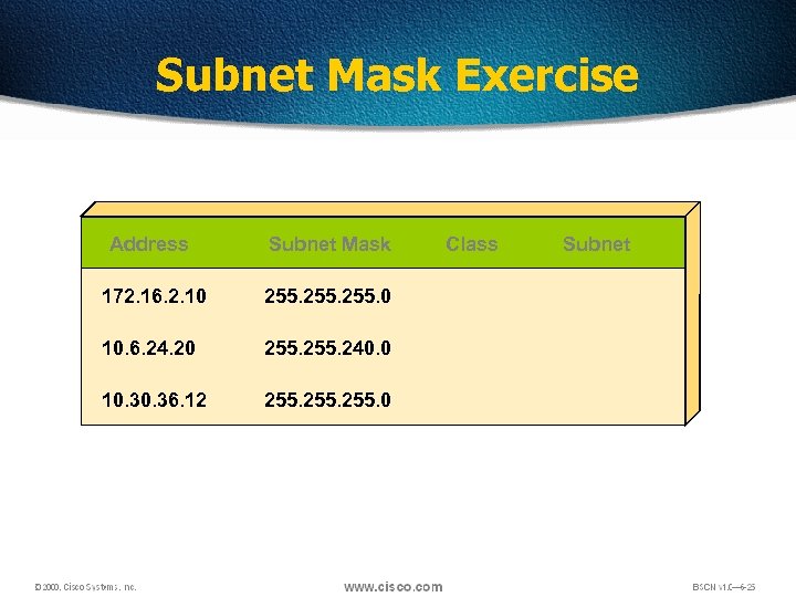 Subnet Mask Exercise Address Subnet Mask 172. 16. 2. 10 255. 0 10. 6.