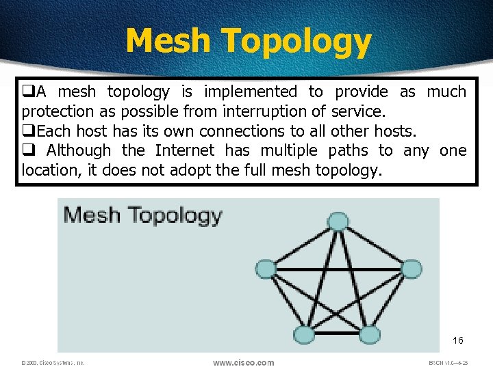 Mesh Topology q. A mesh topology is implemented to provide as much protection as