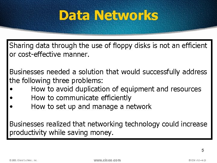 Data Networks Sharing data through the use of floppy disks is not an efficient