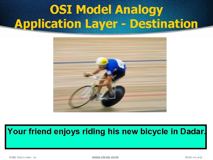 OSI Model Analogy Application Layer - Destination Your friend enjoys riding his new bicycle