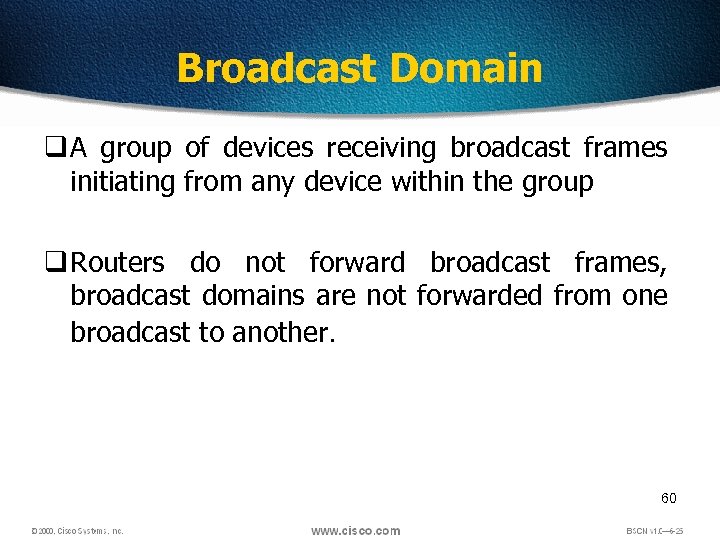 Broadcast Domain q A group of devices receiving broadcast frames initiating from any device