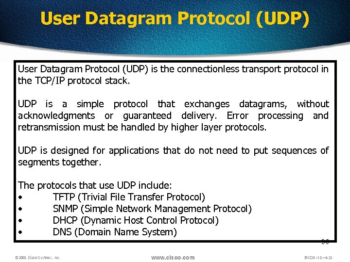 User Datagram Protocol (UDP) is the connectionless transport protocol in the TCP/IP protocol stack.