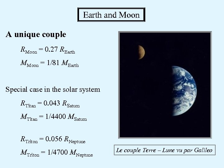 Earth and Moon A unique couple RMoon = 0. 27 REarth MMoon = 1/81