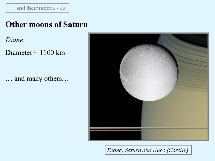 … and their moons - 22 Other moons of Saturn Dione: Diameter ~ 1100