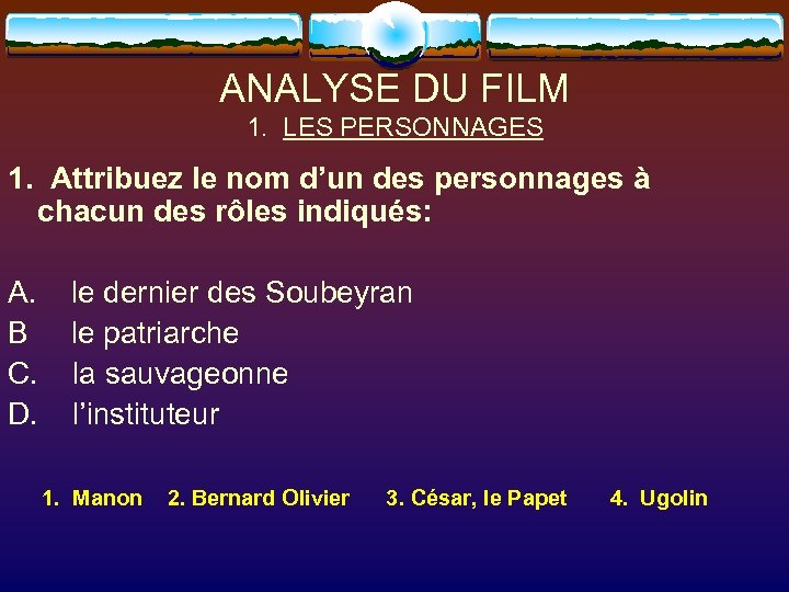 ANALYSE DU FILM 1. LES PERSONNAGES 1. Attribuez le nom d’un des personnages à