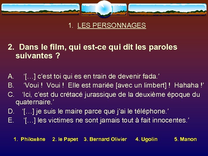 1. LES PERSONNAGES 2. Dans le film, qui est-ce qui dit les paroles suivantes