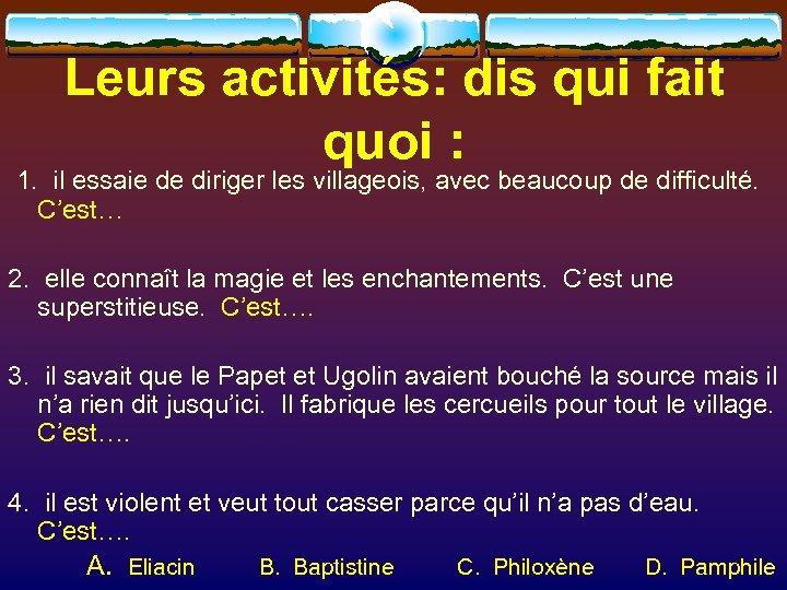 Leurs activités: dis qui fait quoi : 1. il essaie de diriger les villageois,