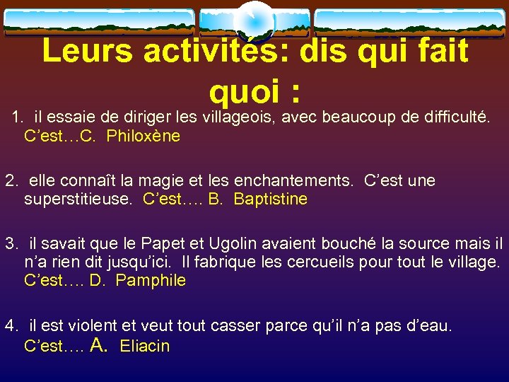 Leurs activités: dis qui fait quoi : 1. il essaie de diriger les villageois,