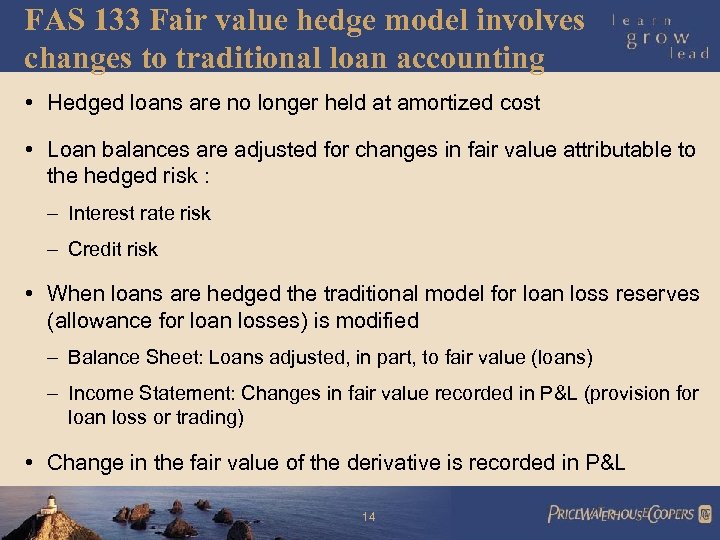 FAS 133 Fair value hedge model involves changes to traditional loan accounting • Hedged